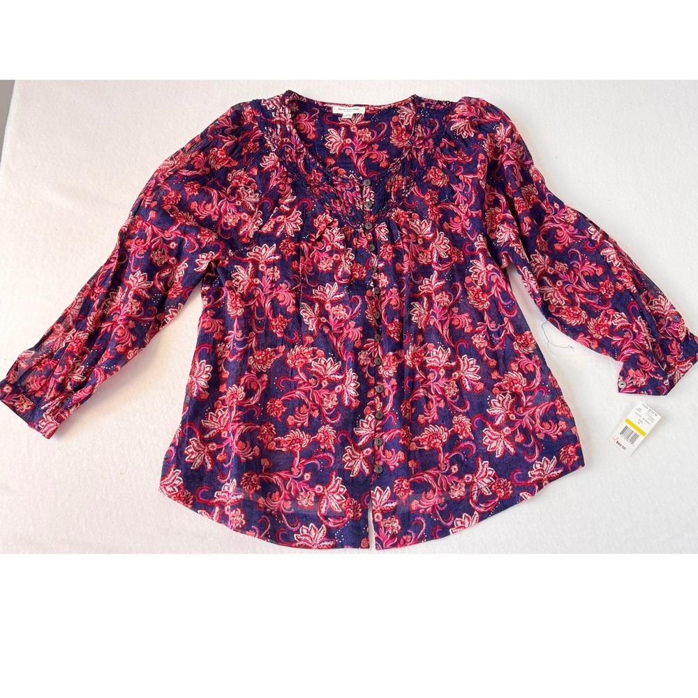 Beachlunchlounge Floral Paisley Button Front Blouse Royal Passion top med new